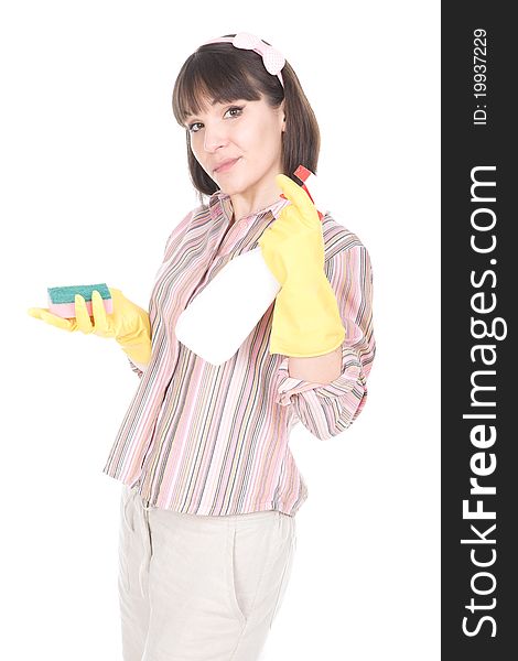 Young adult woman doing housework. over white background