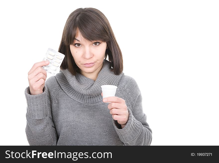 Young adult sick woman over white background
