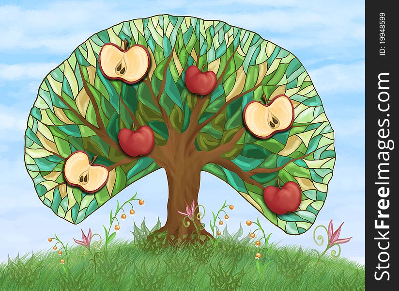 Apple tree with fruits on hill