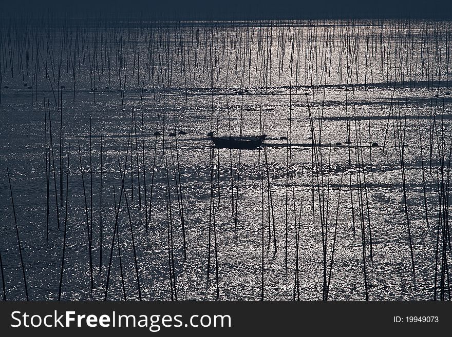 A boat is lying peacefully on a lake in the sunshine of morning. A boat is lying peacefully on a lake in the sunshine of morning.