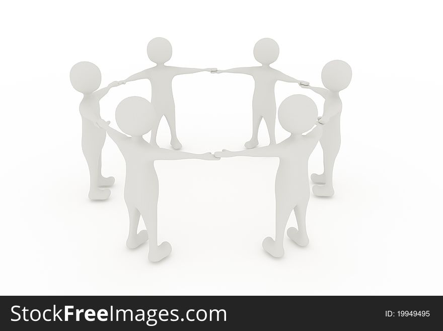 White men in circle holding each other hands, 3D image