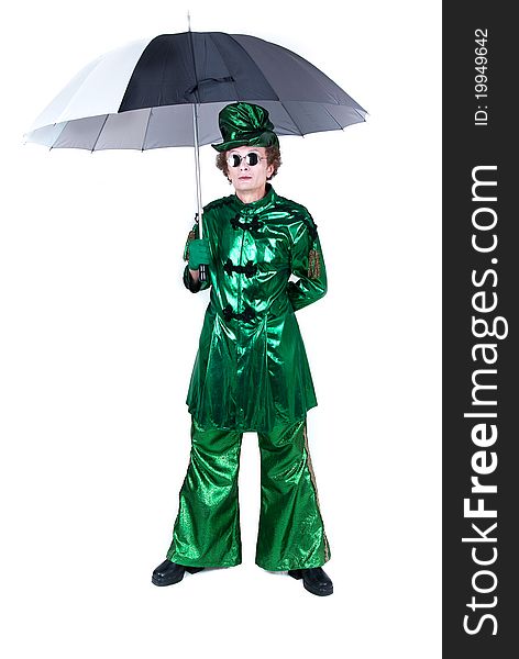 Standing man in green wear and hat with umbrella isolated. Standing man in green wear and hat with umbrella isolated