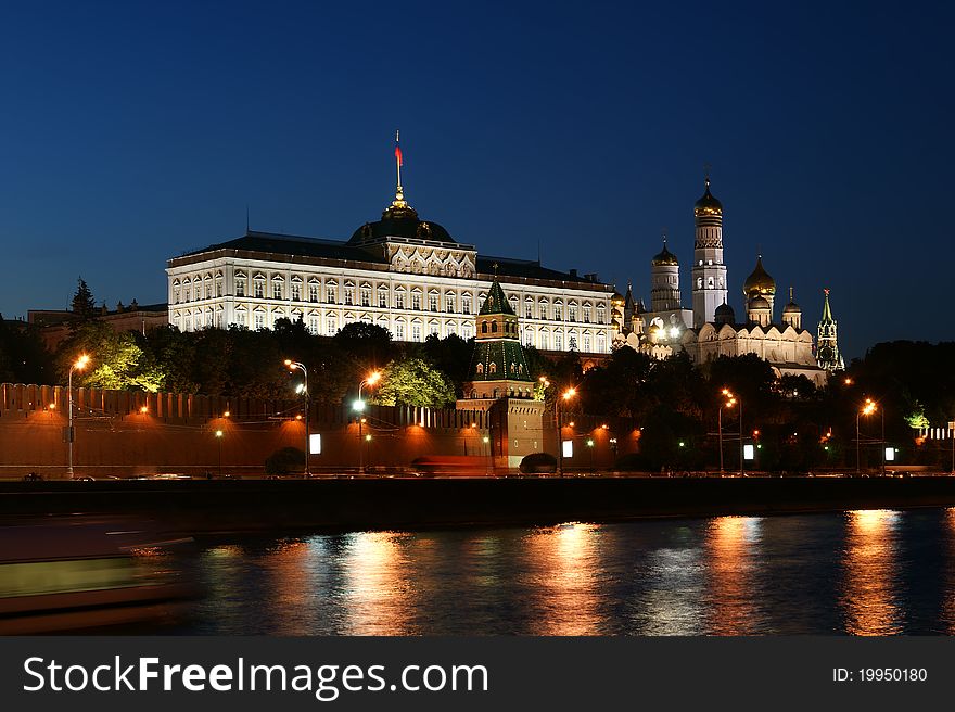 Russia, Moscow, night view of the Moskva River, Bridge and the Kremlin