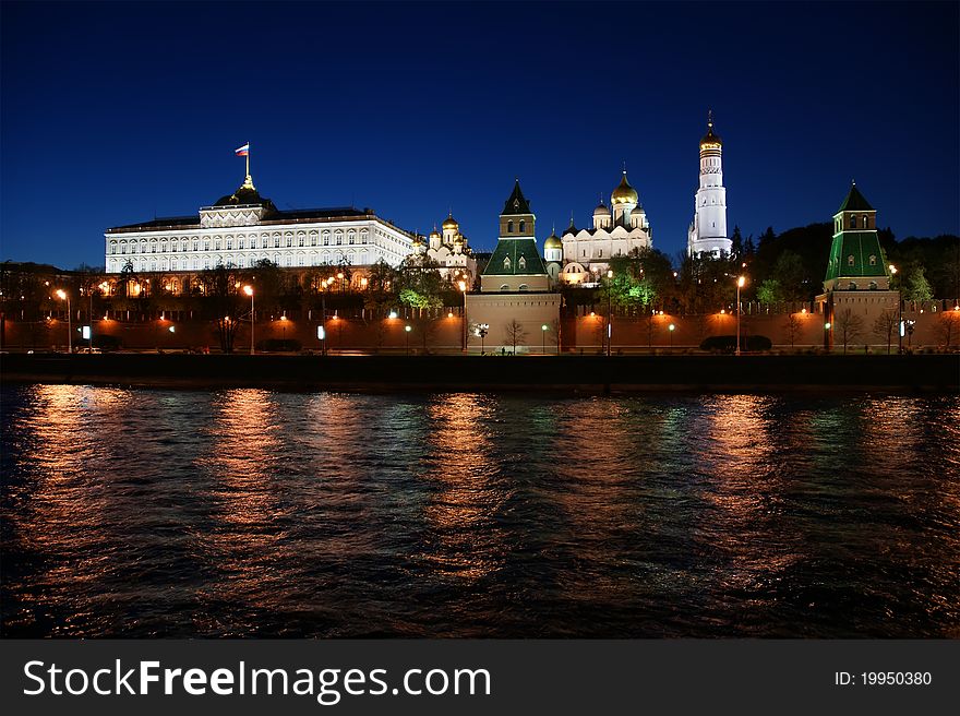 Russia, Moscow, night view of the Moskva River, Bridge and the Kremlin