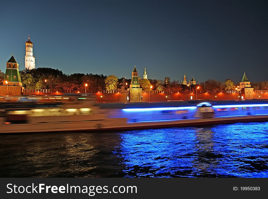 Russia, Moscow, night view of the Moskva River, Bridge and the Kremlin