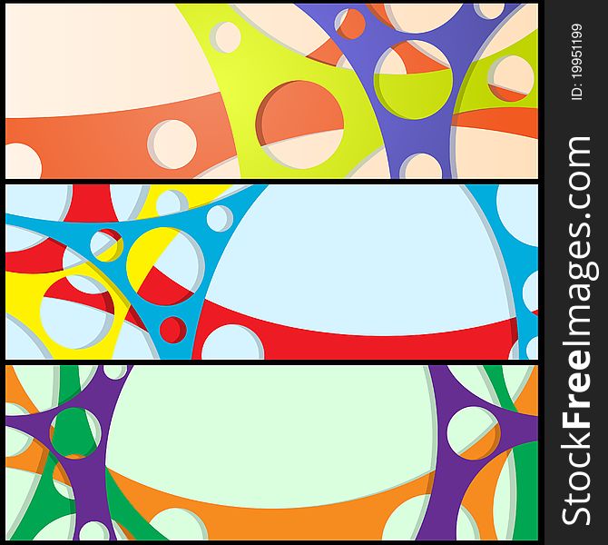 Three banners with color lines and round holes. Three banners with color lines and round holes
