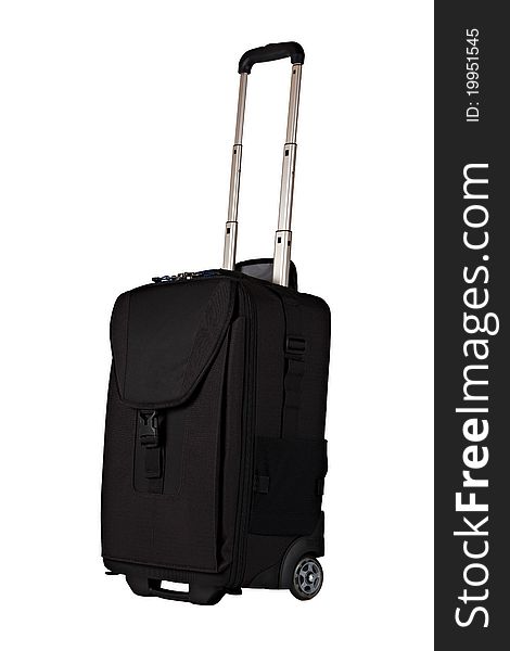 Black carry-on luggage with wheels isolated on white background