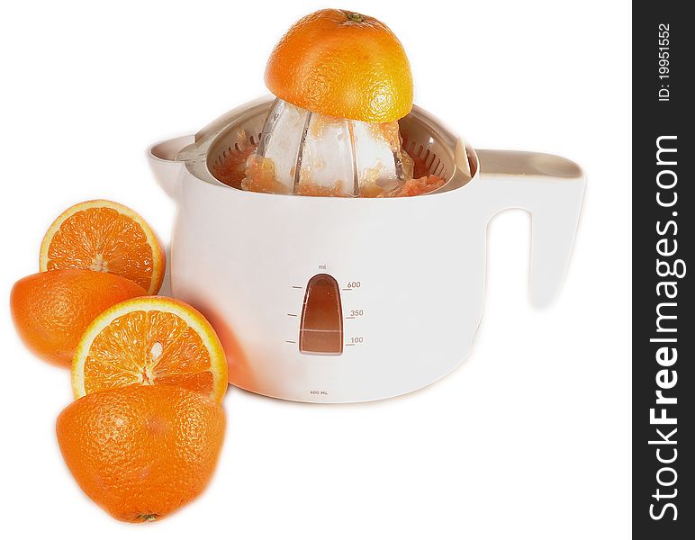 Oranges, juice extractor are prepared for juice preparation. Oranges, juice extractor are prepared for juice preparation