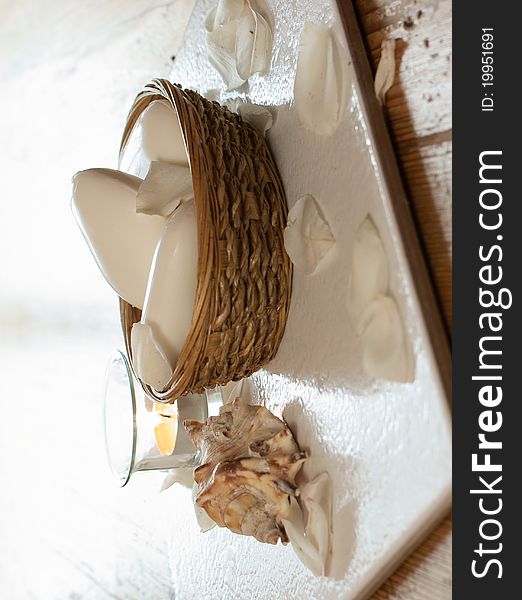 White soaps with seashell and candle - still-life