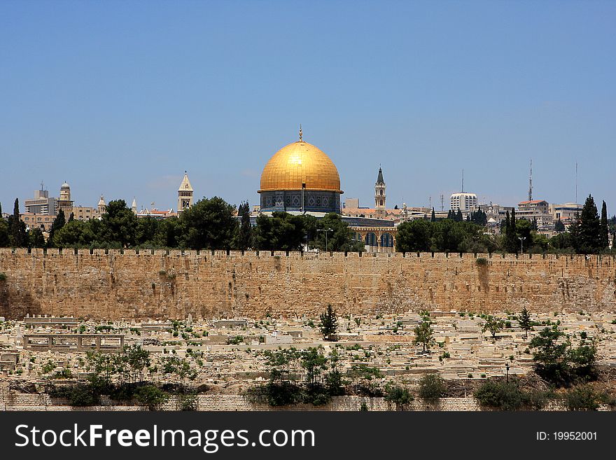 View of Jerusalem and The Dome of the Rock on the Temple Mount from the mount of Olives, Israel