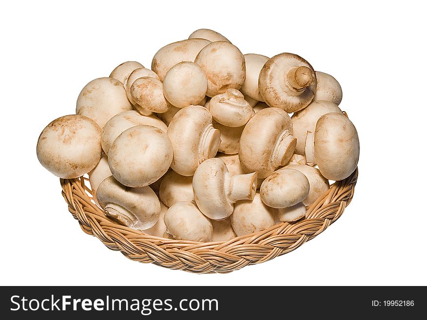 Wooden basket full of champignons isolated on white top view