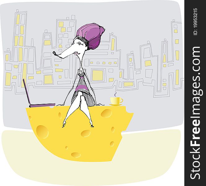 Stylish mouse business woman sitting on a big piece of cheese with her notebook and cup of coffee. Big city on the background. Stylish mouse business woman sitting on a big piece of cheese with her notebook and cup of coffee. Big city on the background