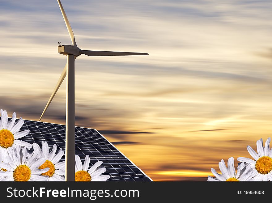 Alternative energies concept wind wind generator, solar cell