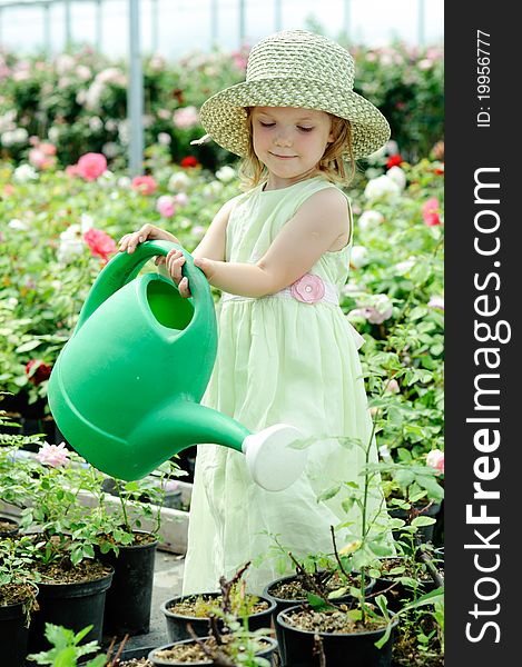 An image of a nice little girl watering flowers
