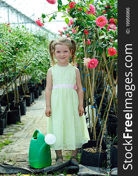 An image of a little beautiful gardener in a greenhouse. An image of a little beautiful gardener in a greenhouse