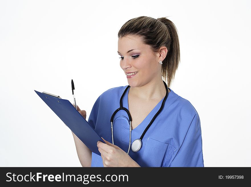 Woman doctor with pen and stethoscope in studio. Woman doctor with pen and stethoscope in studio