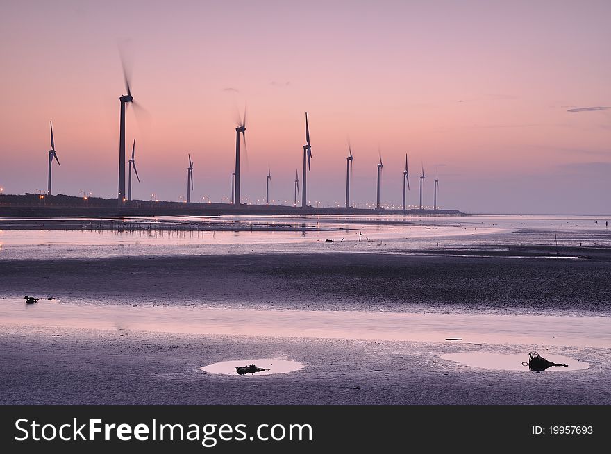 The sunset at the wind-power station