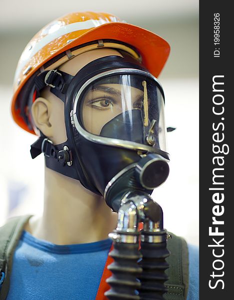 Mannequin with breathing mask and protective helmet. Mannequin with breathing mask and protective helmet