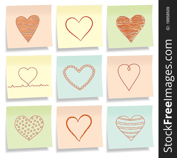 Sticky notes with different hand-drawn hearts. Sticky notes with different hand-drawn hearts.