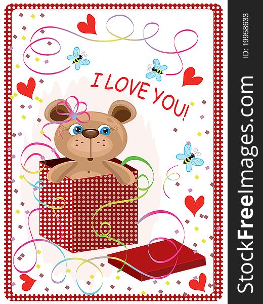 Valentine day background with bear in the box. Valentine day background with bear in the box