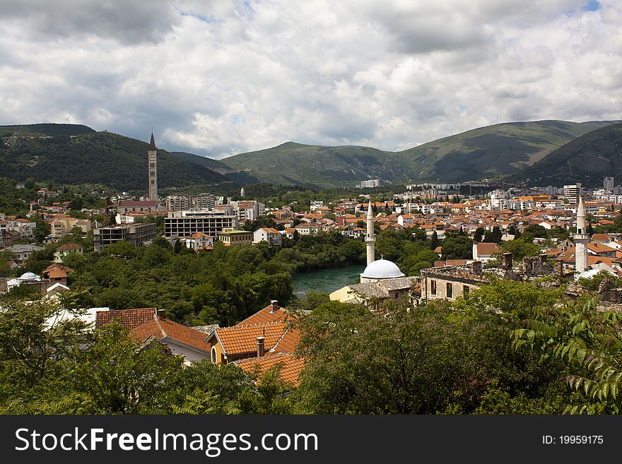 A view over the city of Mostar, Bosnia and Hercegovina. A view over the city of Mostar, Bosnia and Hercegovina