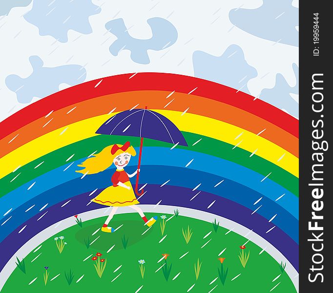 Girl under umbrella on the rainbow background. Girl under umbrella on the rainbow background