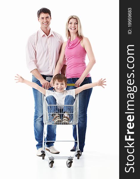 Family with cart on a white background