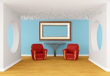 Gallery With Red Chairs And  Table Royalty Free Stock Image