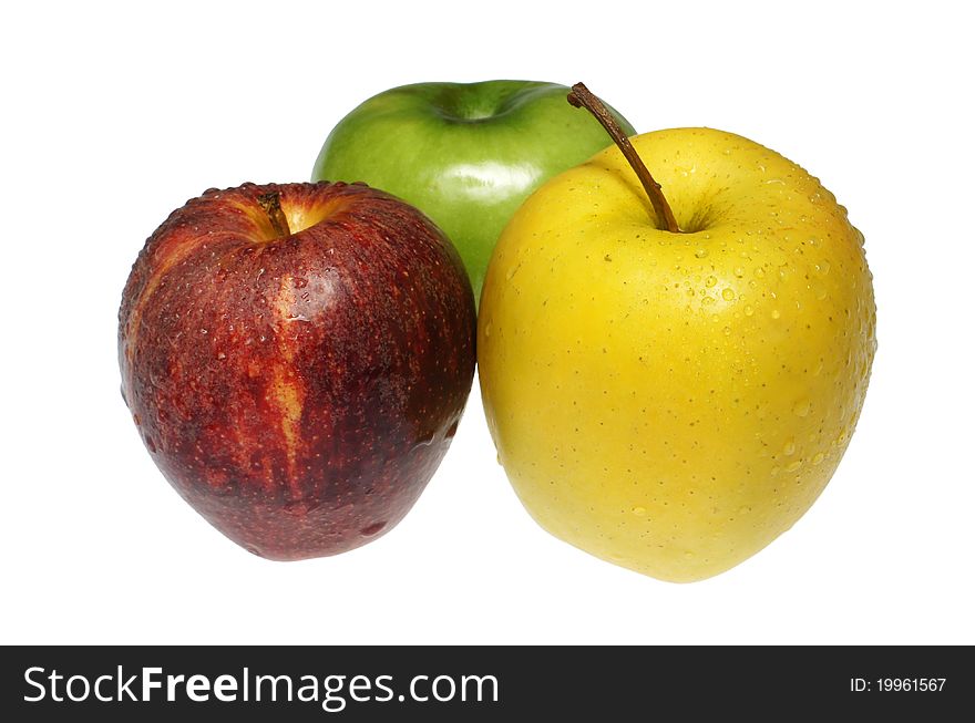 Three multi-coloured apples on a white background