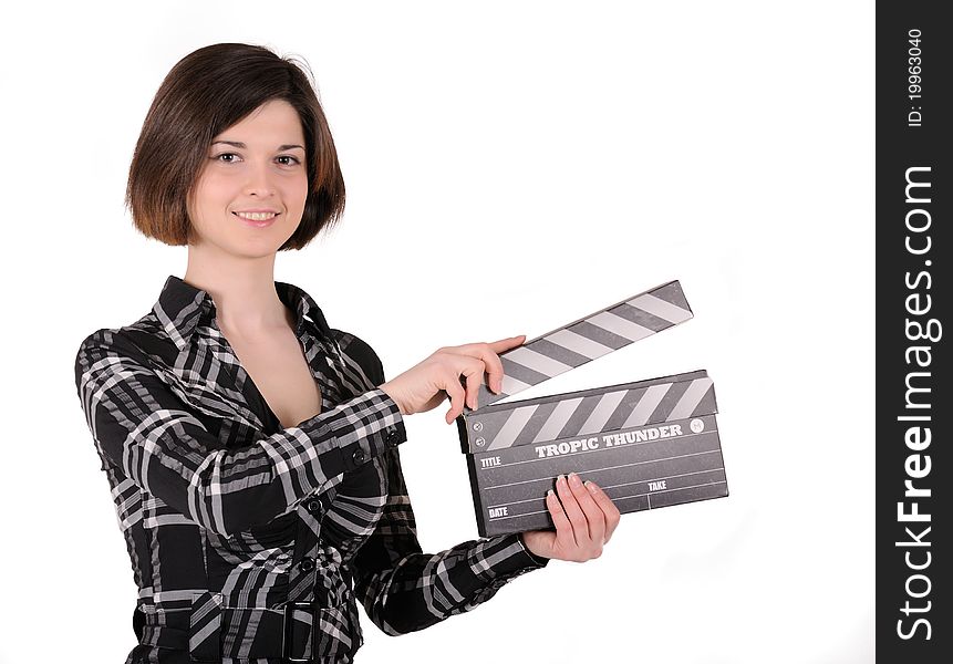 Girl with clapboard, isolated on white