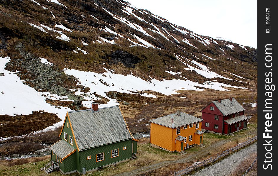 Norwegian houses in Myrdal. The photo was taken out of the Flam Railway.