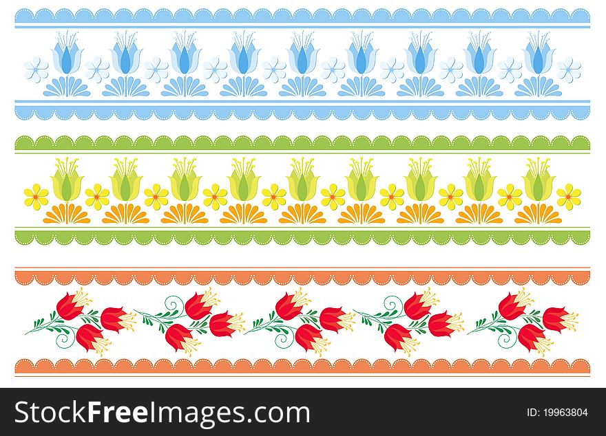 Three decorative strips with a flower: isolated illustration