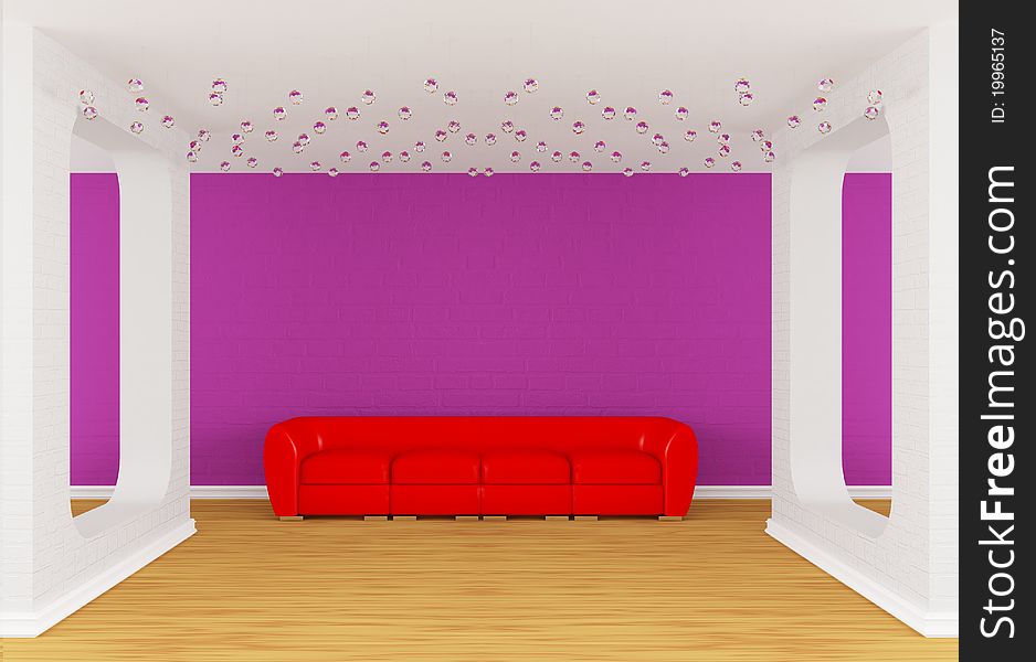 Modern gallery's hall with red divan