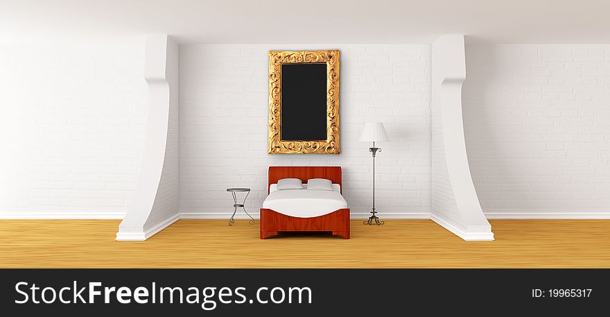 Bed, table, frame and standard lamp in modern interior. Bed, table, frame and standard lamp in modern interior