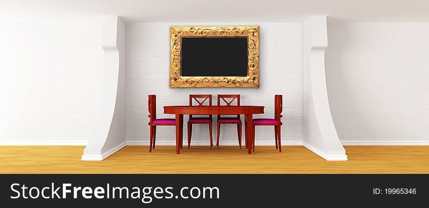 Wooden table and chairs with picture frame in a modern white dining room