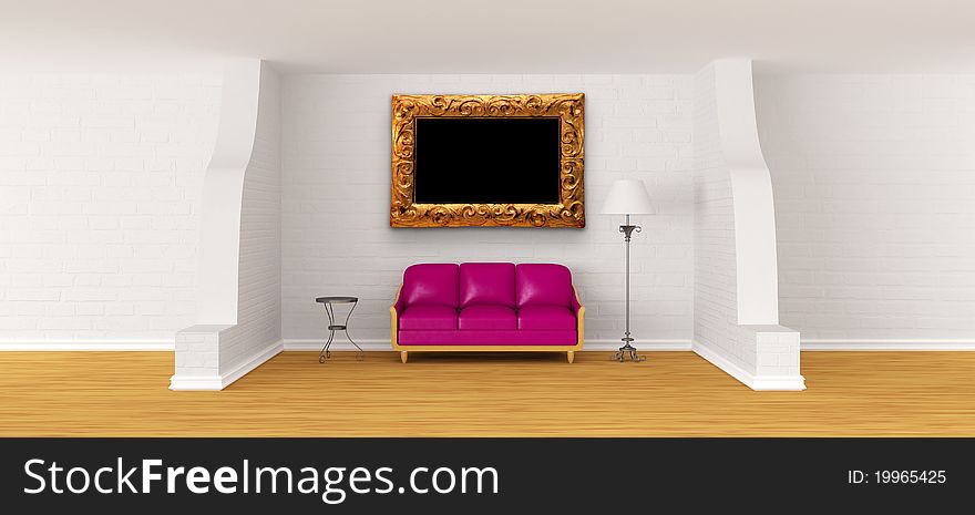 Purple couch, table and standard lamp in modern gallery's hall