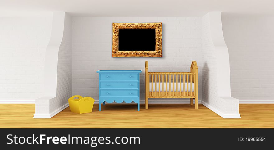 Baby bedroom with a crib and ornate frame. Baby bedroom with a crib and ornate frame