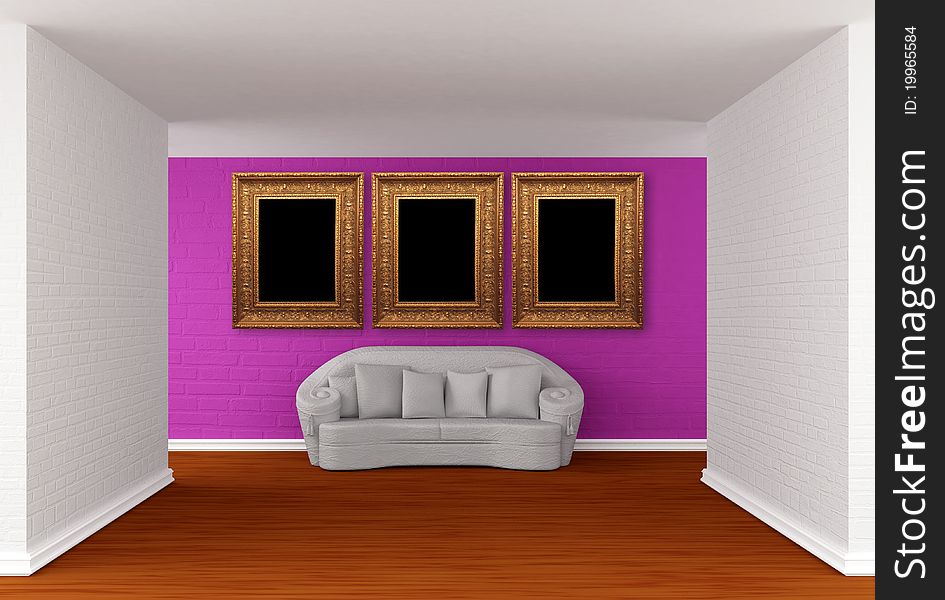 Empty gallery's hall with white sofa