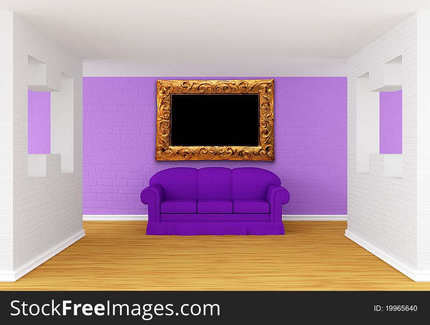 Gallery's hall with purple sofa. Gallery's hall with purple sofa