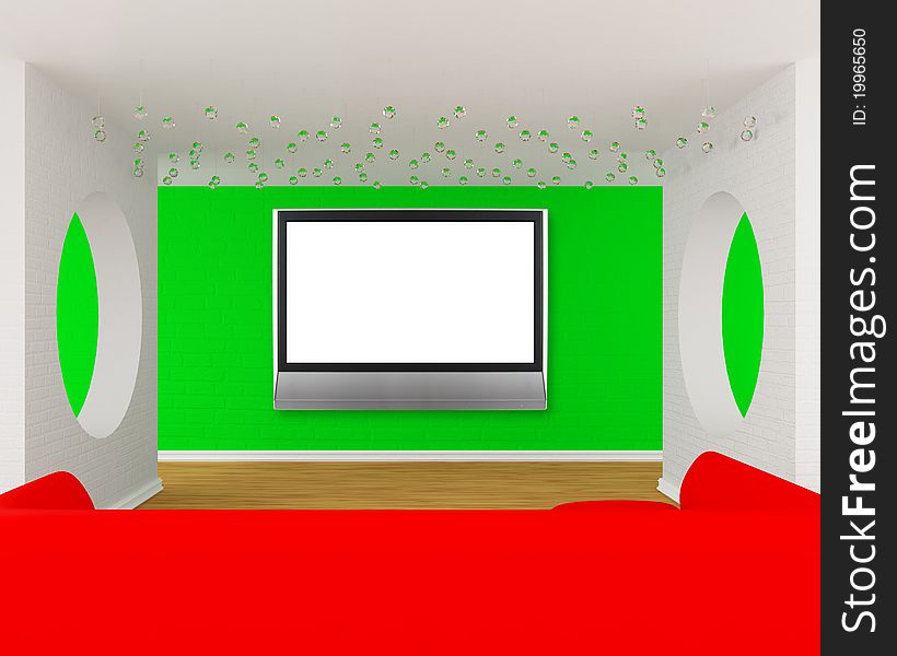 Modern gallery's hall with red divan and lcd tv
