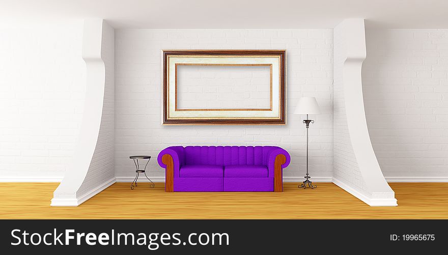 Purple couch, table and standard lamp in modern gallery's hall. Purple couch, table and standard lamp in modern gallery's hall