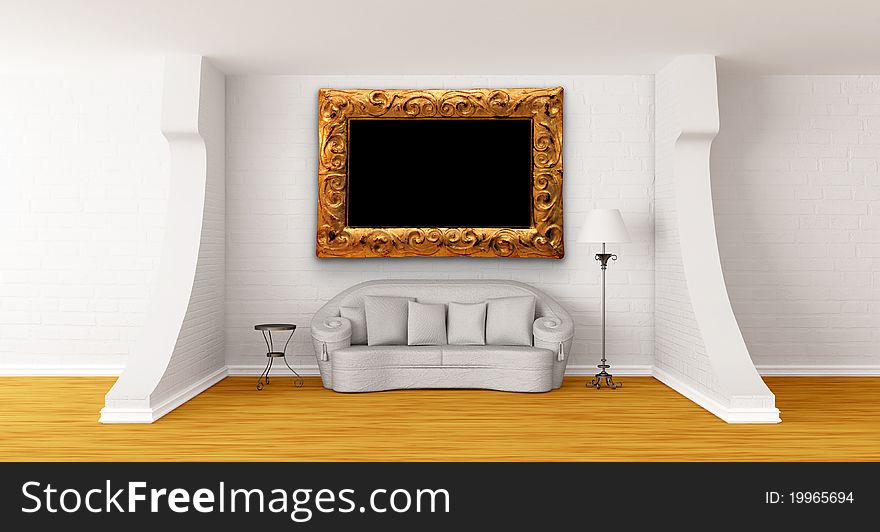 White couch, table and lamp in modern gallery