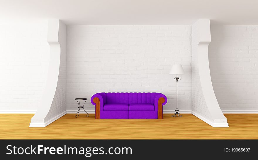 Purple couch, table and standard lamp in modern gallery's hall