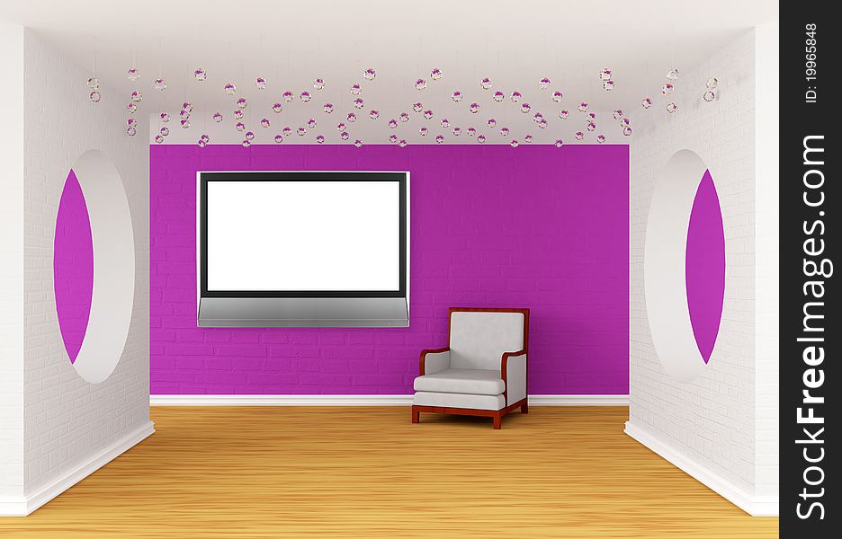 Pink gallery's hall with white chair and lcd TV. Pink gallery's hall with white chair and lcd TV