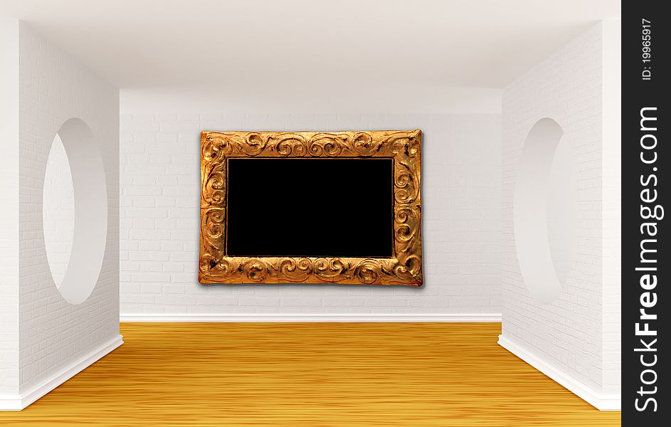 Empty gallery's hall with ornate frame