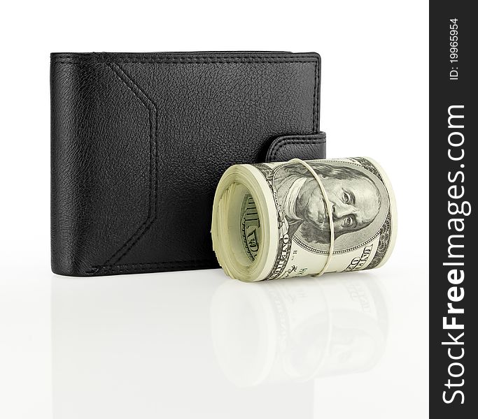 Black leather wallet with money