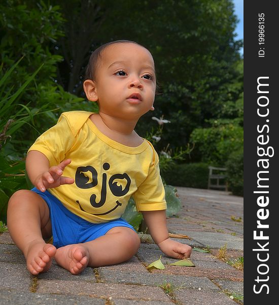 9 month old baby boy looking in wonder at a reflecting pool/koi pond. 9 month old baby boy looking in wonder at a reflecting pool/koi pond