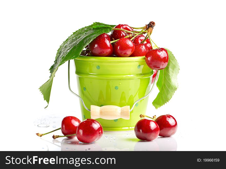 Fresh Cherries With Leaves And Drops