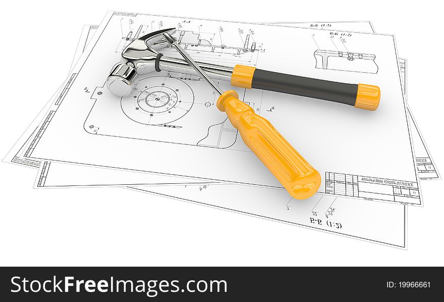 Plan of construction with hammer and screwdriver