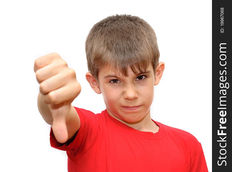 The boy shows emotion gestures. Isolated on white background